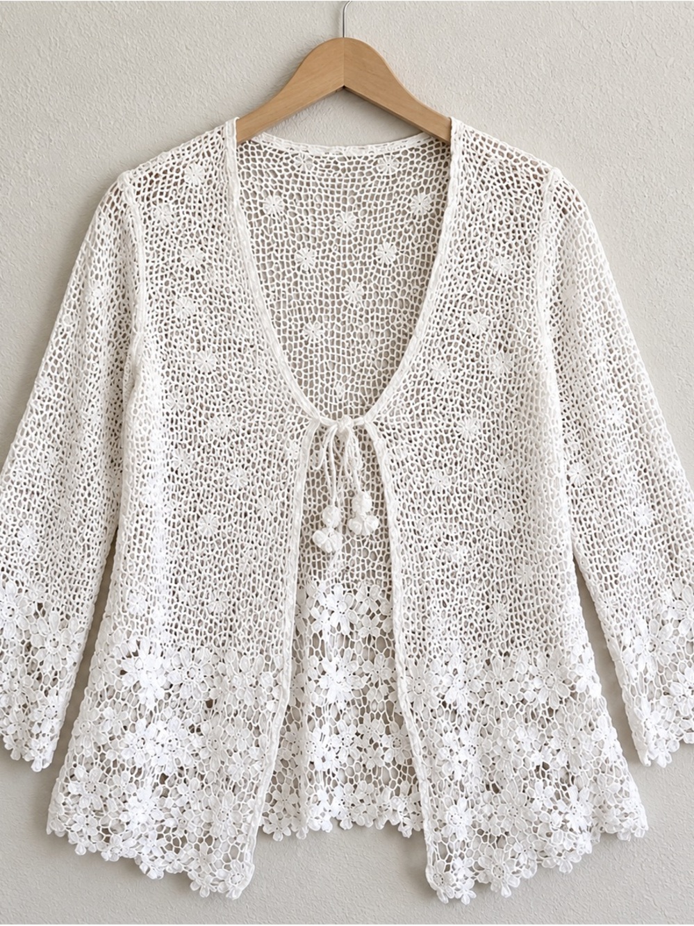 White Crochet Lace Tie-Front Cardigan Floral Boho Long Sleeve